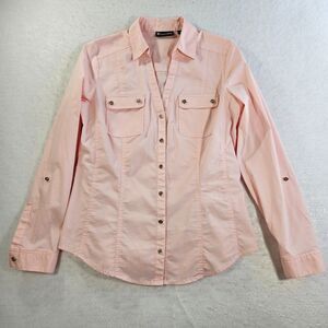 7th Ave Design Studio NY & Co Shirt Women Size M Pink Button Up Roll Tab Sleeve